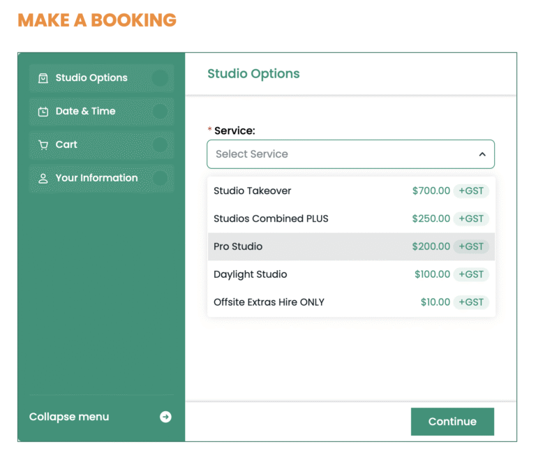 online booking for a studio at Cog
